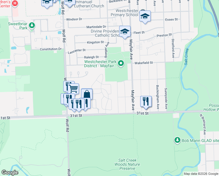 map of restaurants, bars, coffee shops, grocery stores, and more near 2881 Denton Court in Westchester