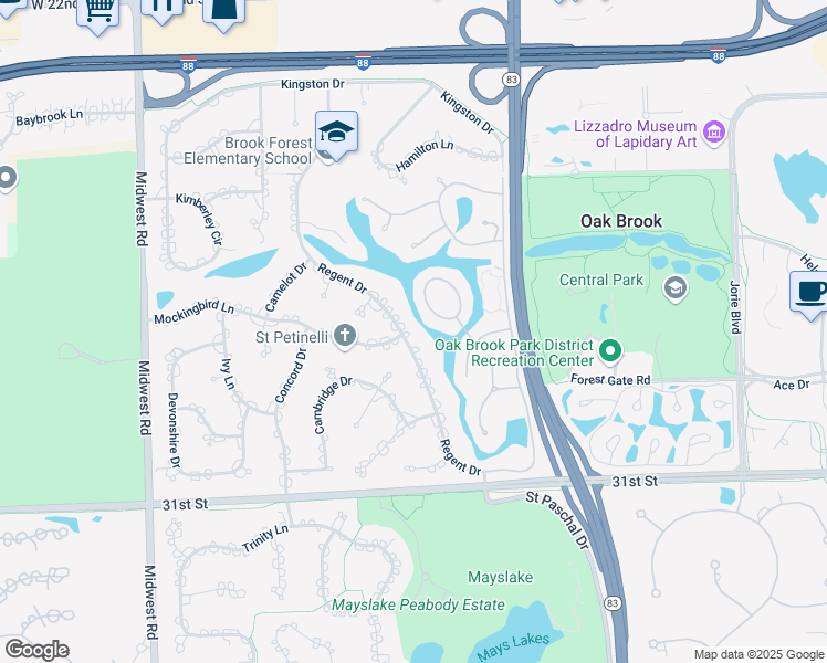 map of restaurants, bars, coffee shops, grocery stores, and more near 26 Regent Drive in Oak Brook