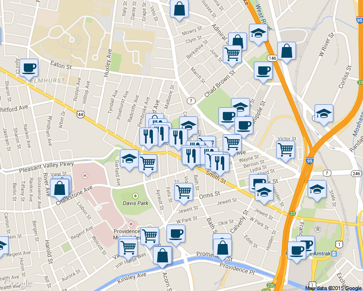 map of restaurants, bars, coffee shops, grocery stores, and more near 477 Danforth Street in Providence
