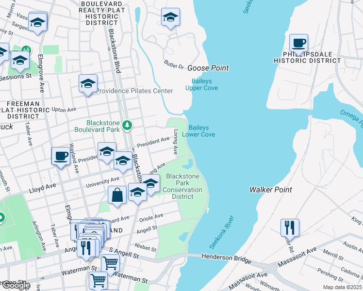 map of restaurants, bars, coffee shops, grocery stores, and more near 82 Loring Avenue in Providence