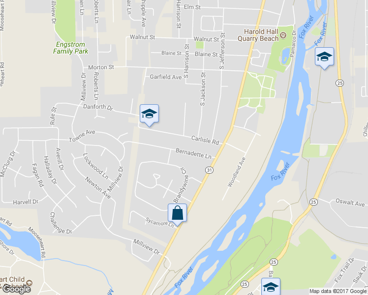 map of restaurants, bars, coffee shops, grocery stores, and more near 617 Bernadette Lane in Batavia