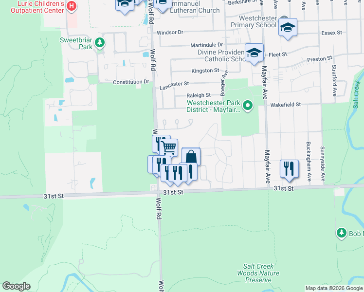 map of restaurants, bars, coffee shops, grocery stores, and more near 11120 Westminster Drive in Westchester