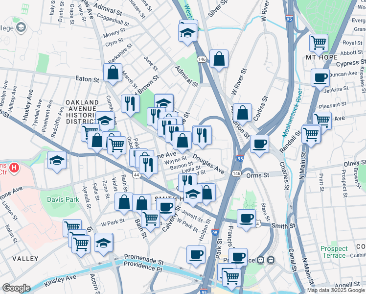 map of restaurants, bars, coffee shops, grocery stores, and more near 134 Rhode Island 7 in Providence