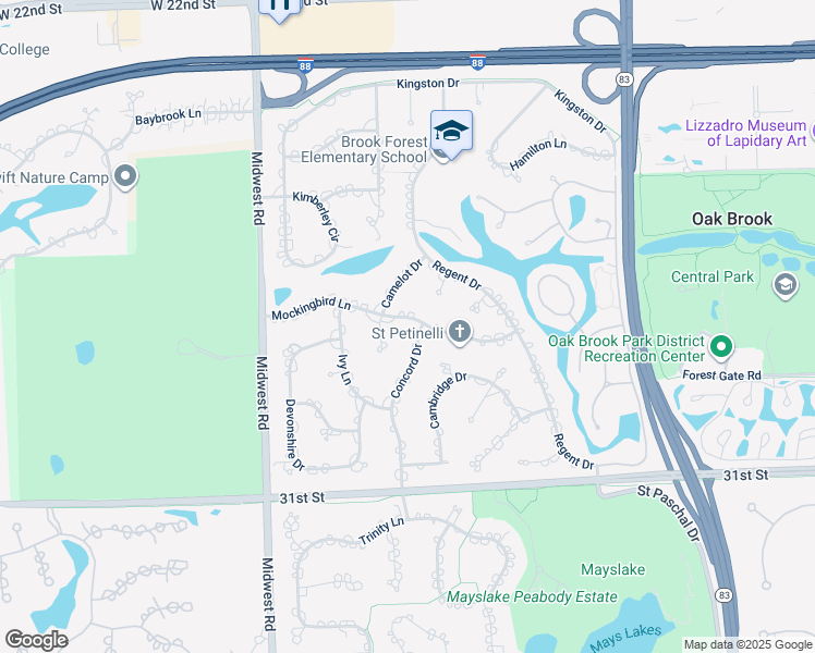 map of restaurants, bars, coffee shops, grocery stores, and more near 31 Concord Drive in Oak Brook