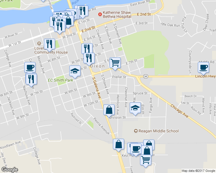 map of restaurants, bars, coffee shops, grocery stores, and more near 822 South Ottawa Avenue in Dixon