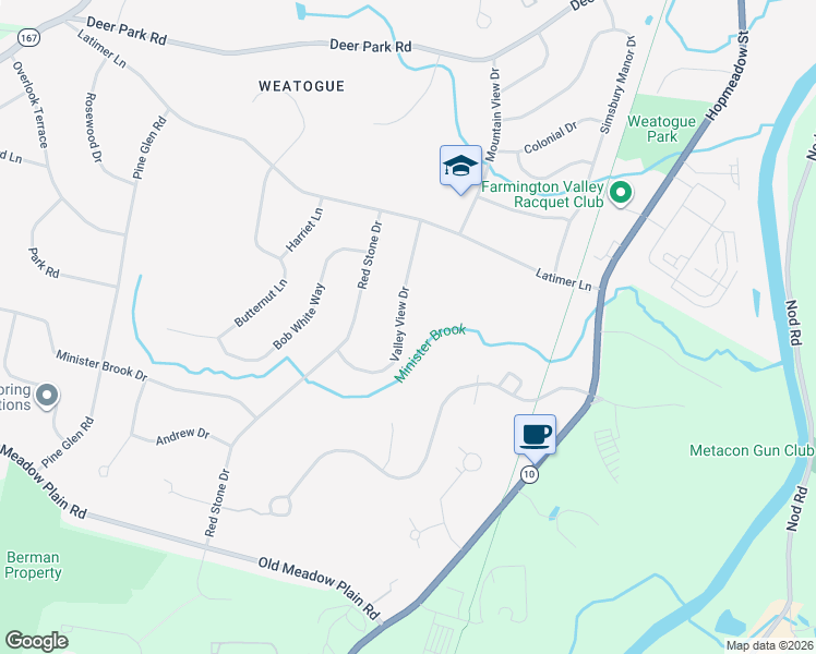 map of restaurants, bars, coffee shops, grocery stores, and more near 12 Valley View Drive in Simsbury