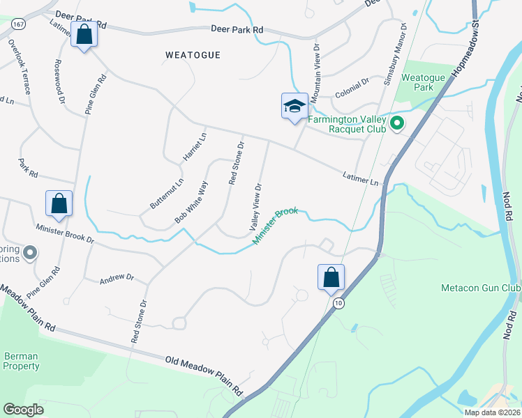 map of restaurants, bars, coffee shops, grocery stores, and more near 12 Valley View Drive in Simsbury