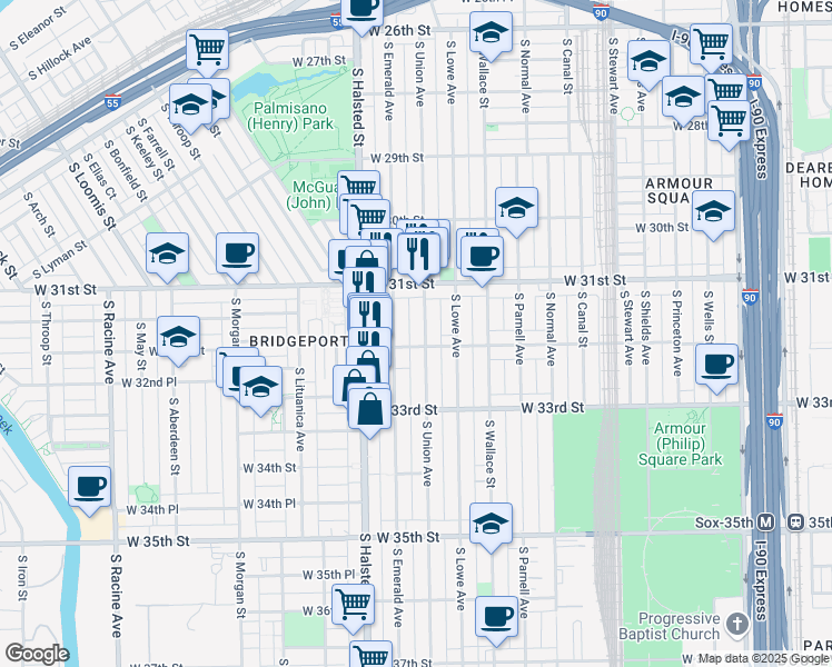 map of restaurants, bars, coffee shops, grocery stores, and more near 3148 South Union Avenue in Chicago