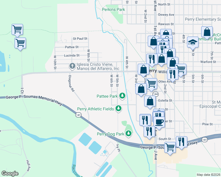 map of restaurants, bars, coffee shops, grocery stores, and more near 715 West 6th Street in Perry