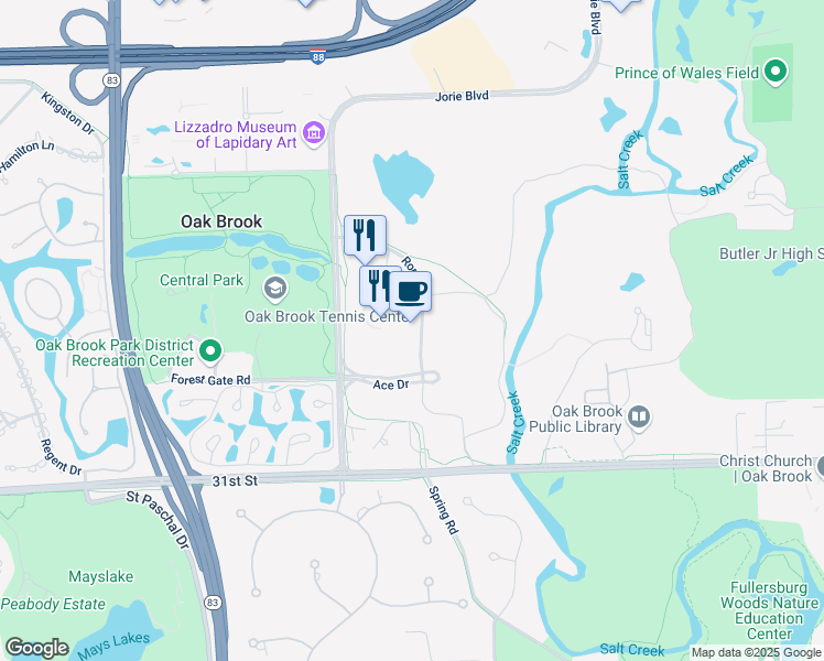 map of restaurants, bars, coffee shops, grocery stores, and more near 2815 Jorie Boulevard in Oak Brook