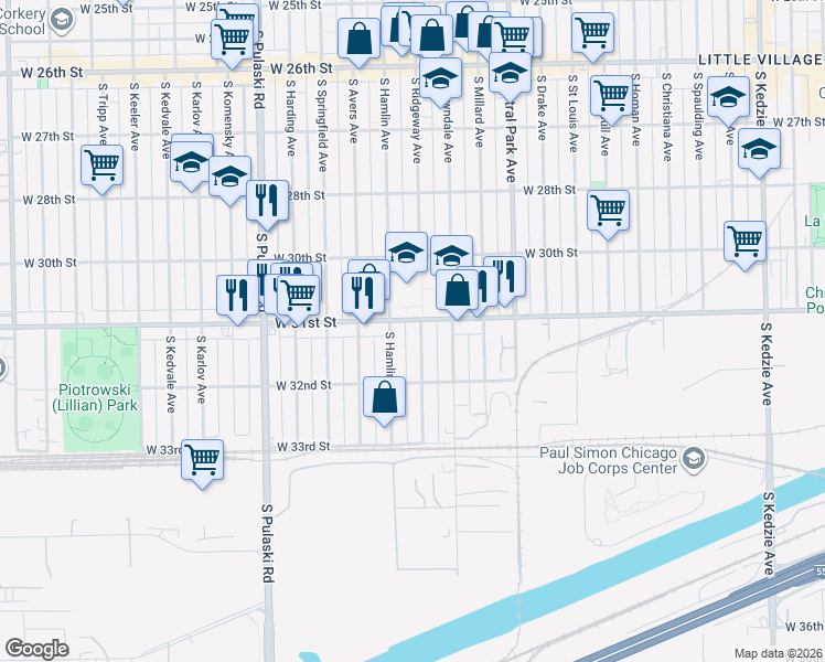 map of restaurants, bars, coffee shops, grocery stores, and more near 3112 South Ridgeway Avenue in Chicago