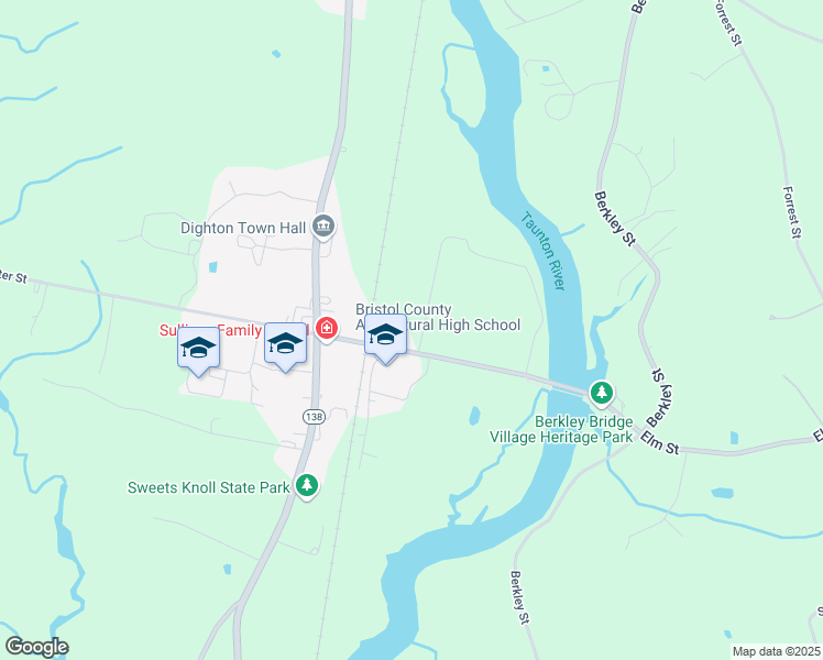 map of restaurants, bars, coffee shops, grocery stores, and more near 130 Center Street in Dighton