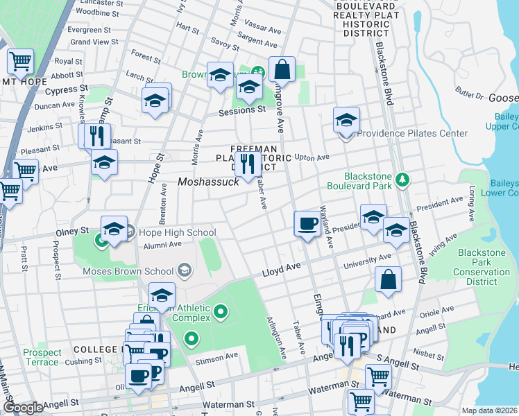 map of restaurants, bars, coffee shops, grocery stores, and more near 48 Laurel Avenue in Providence