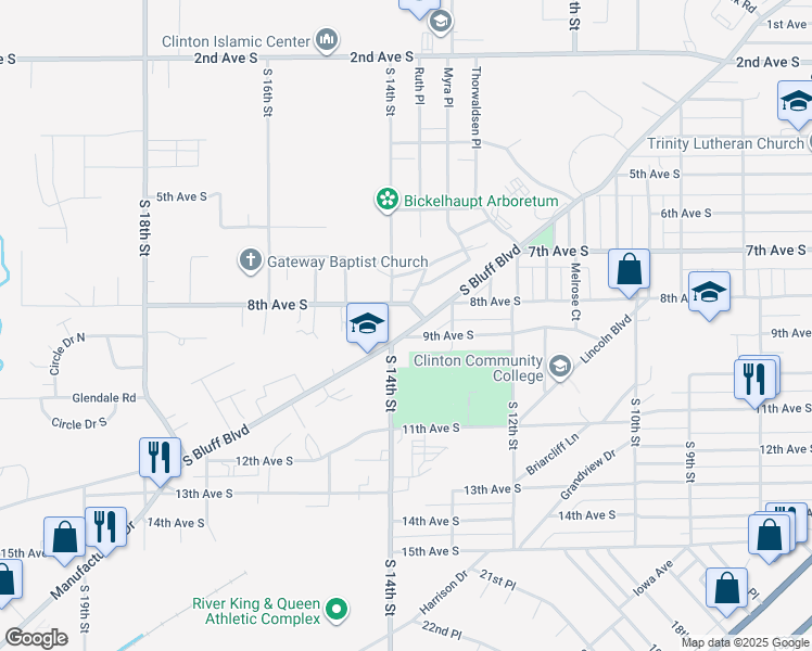 map of restaurants, bars, coffee shops, grocery stores, and more near 832 South Bluff Boulevard in Clinton