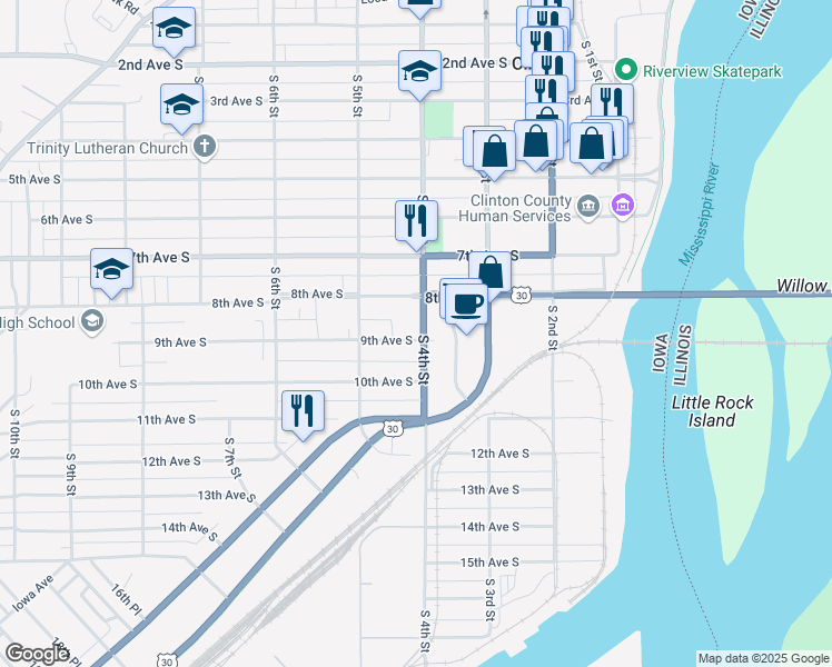 map of restaurants, bars, coffee shops, grocery stores, and more near 914 South 4th Street in Clinton