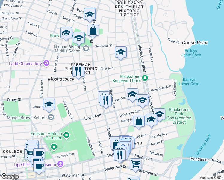 map of restaurants, bars, coffee shops, grocery stores, and more near 146 Everett Avenue in Providence