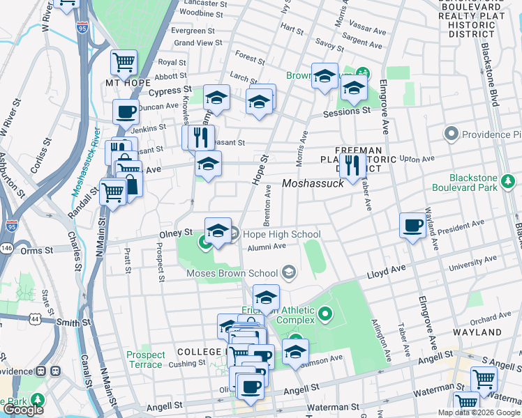 map of restaurants, bars, coffee shops, grocery stores, and more near 24 Brenton Avenue in Providence