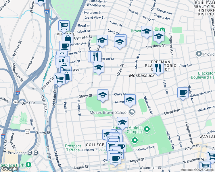 map of restaurants, bars, coffee shops, grocery stores, and more near 376 Hope Street in Providence