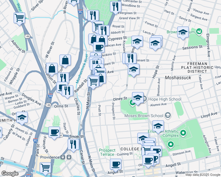 map of restaurants, bars, coffee shops, grocery stores, and more near 2-34 Thomas Olney Common in Providence