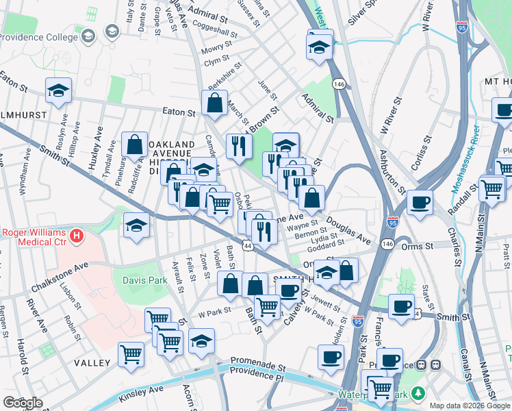map of restaurants, bars, coffee shops, grocery stores, and more near 23 Alma Street in Providence