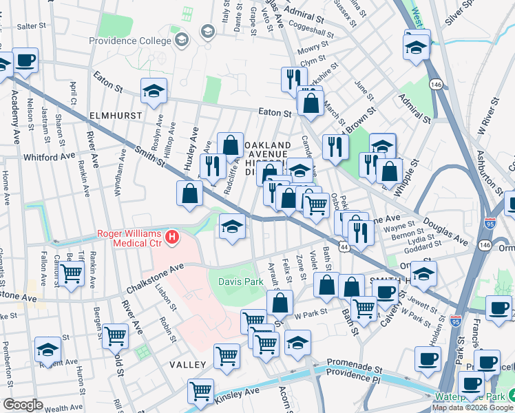 map of restaurants, bars, coffee shops, grocery stores, and more near in Providence