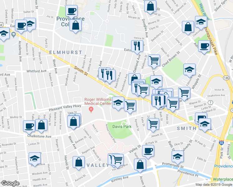 map of restaurants, bars, coffee shops, grocery stores, and more near 610 Smith Street in Providence