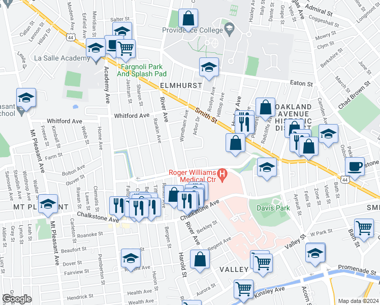 map of restaurants, bars, coffee shops, grocery stores, and more near 20 Rosebank Drive in Providence