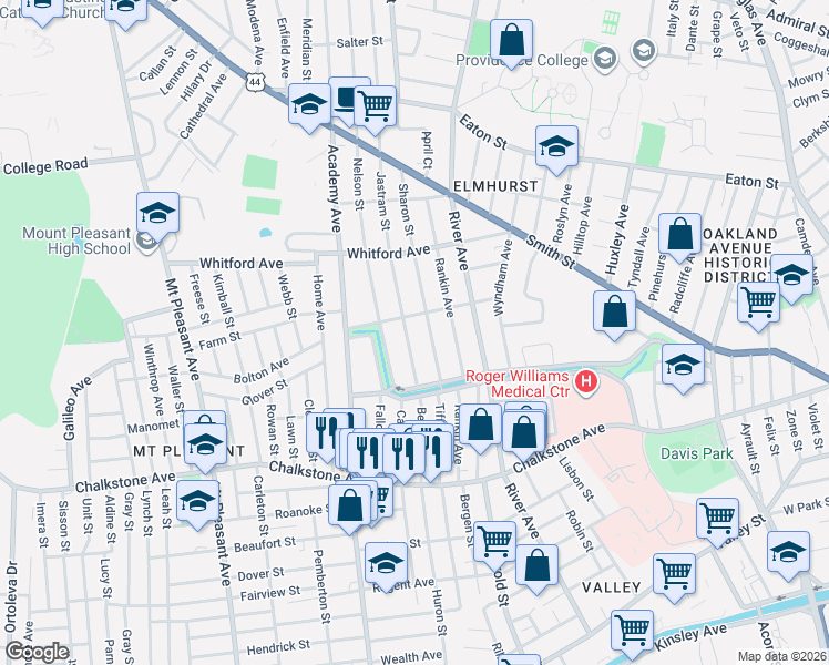 map of restaurants, bars, coffee shops, grocery stores, and more near 45 Jastram Street in Providence