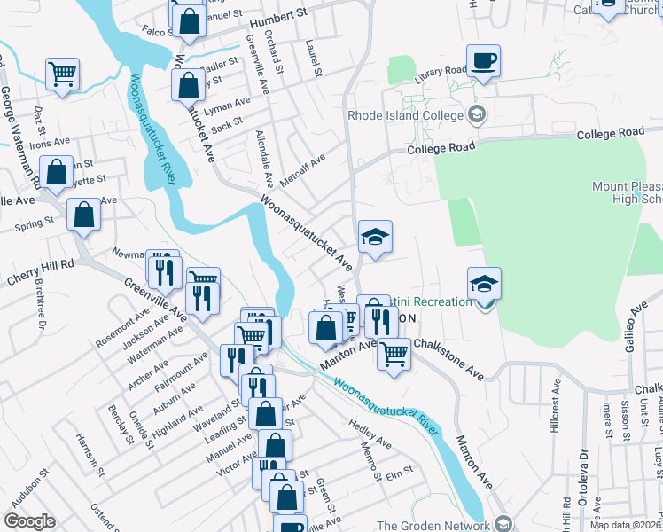 map of restaurants, bars, coffee shops, grocery stores, and more near 101 Herschel Street in Providence