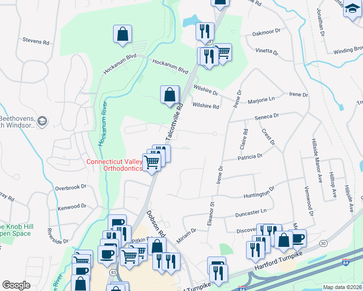 map of restaurants, bars, coffee shops, grocery stores, and more near 242 Talcottville Road in Vernon