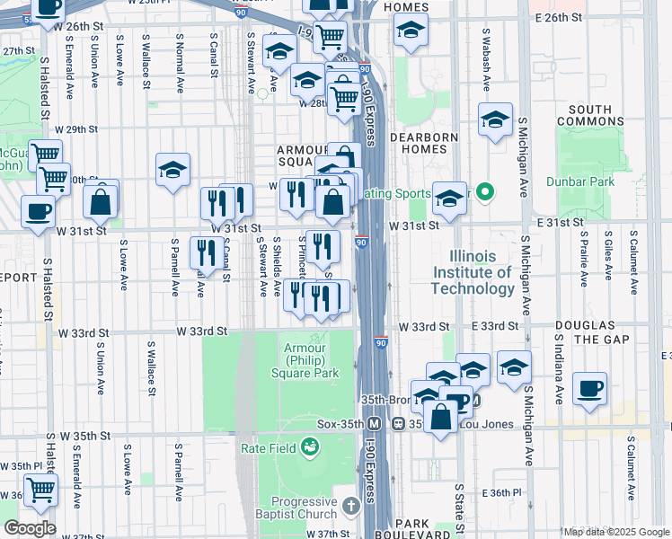 map of restaurants, bars, coffee shops, grocery stores, and more near 3160 South Wells Street in Chicago