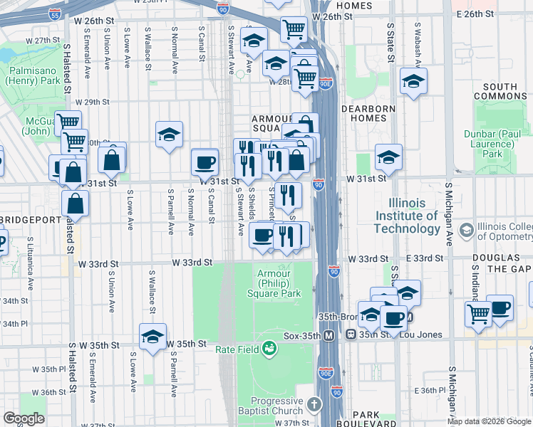 map of restaurants, bars, coffee shops, grocery stores, and more near 308 West 32nd Street in Chicago