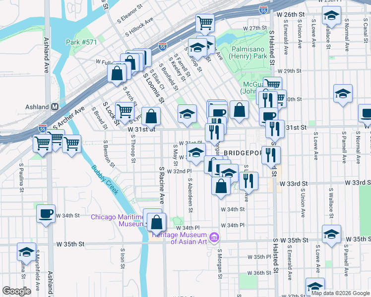 map of restaurants, bars, coffee shops, grocery stores, and more near 3148 South Aberdeen Street in Chicago