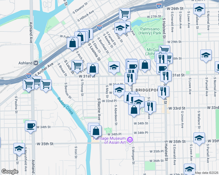 map of restaurants, bars, coffee shops, grocery stores, and more near 3148 South Aberdeen Street in Chicago