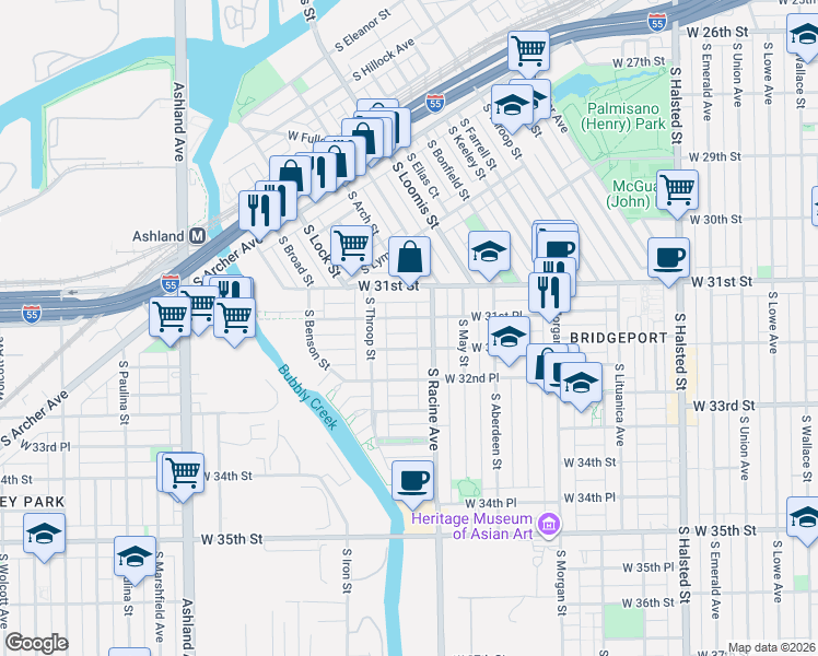 map of restaurants, bars, coffee shops, grocery stores, and more near 1218 West 32nd Place in Chicago