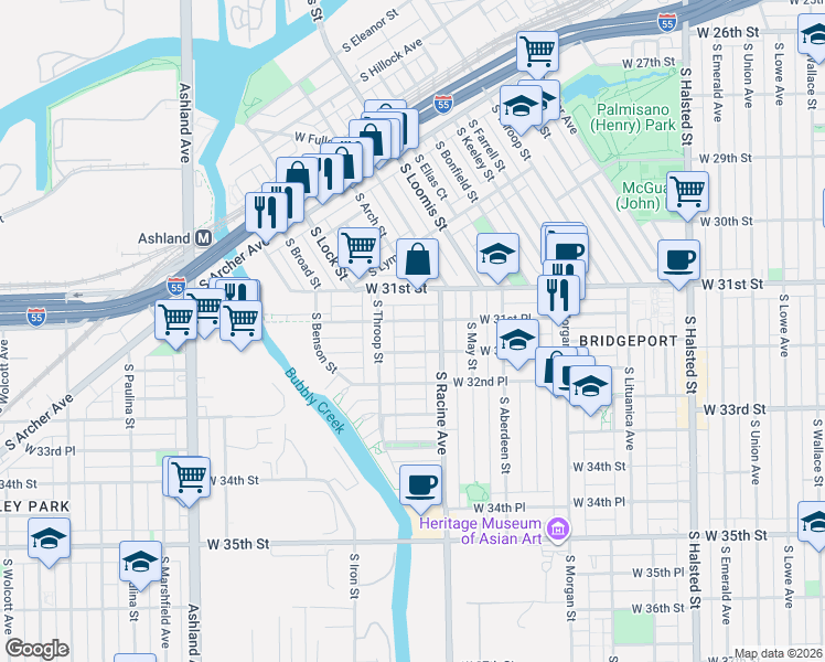 map of restaurants, bars, coffee shops, grocery stores, and more near 1218 West 32nd Place in Chicago