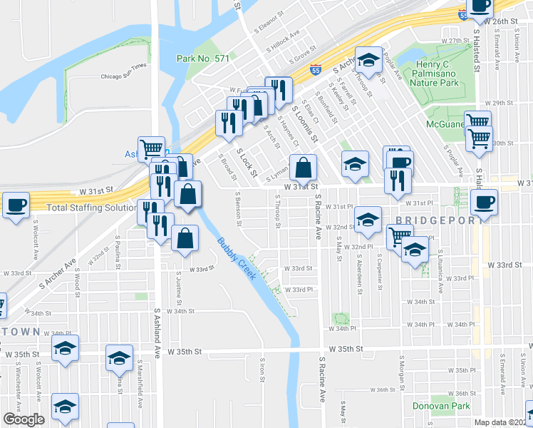 map of restaurants, bars, coffee shops, grocery stores, and more near 3144 South Throop Street in Chicago
