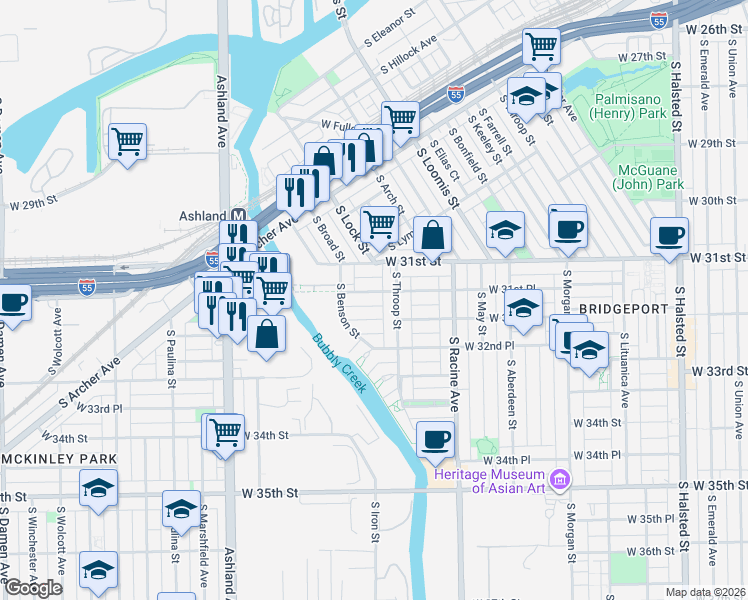 map of restaurants, bars, coffee shops, grocery stores, and more near 1339 West 31st Place in Chicago