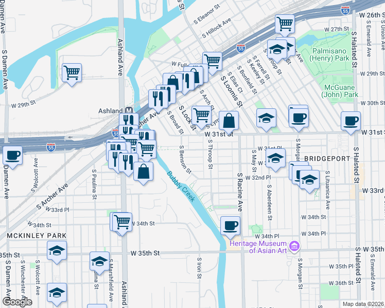 map of restaurants, bars, coffee shops, grocery stores, and more near 1339 West 31st Place in Chicago