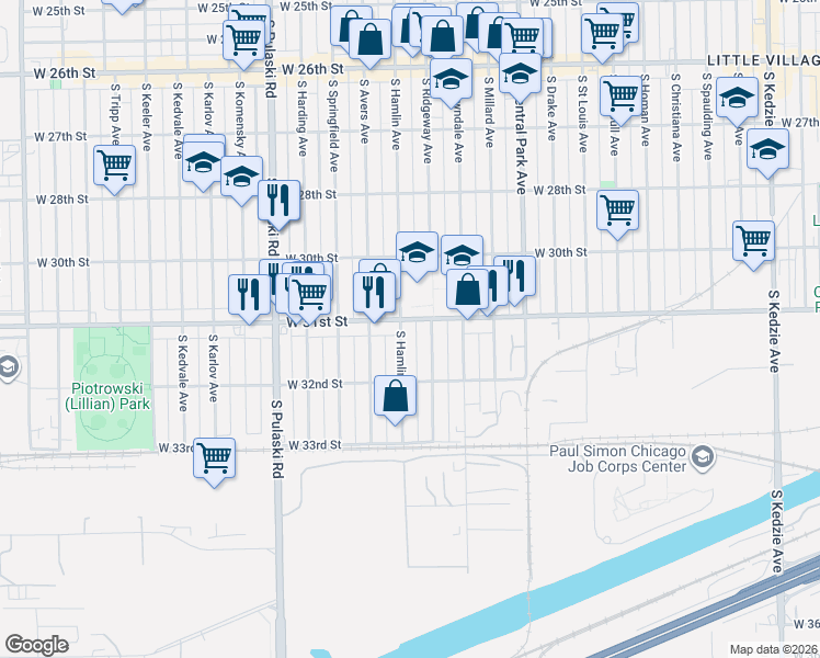 map of restaurants, bars, coffee shops, grocery stores, and more near 3112 South Ridgeway Avenue in Chicago