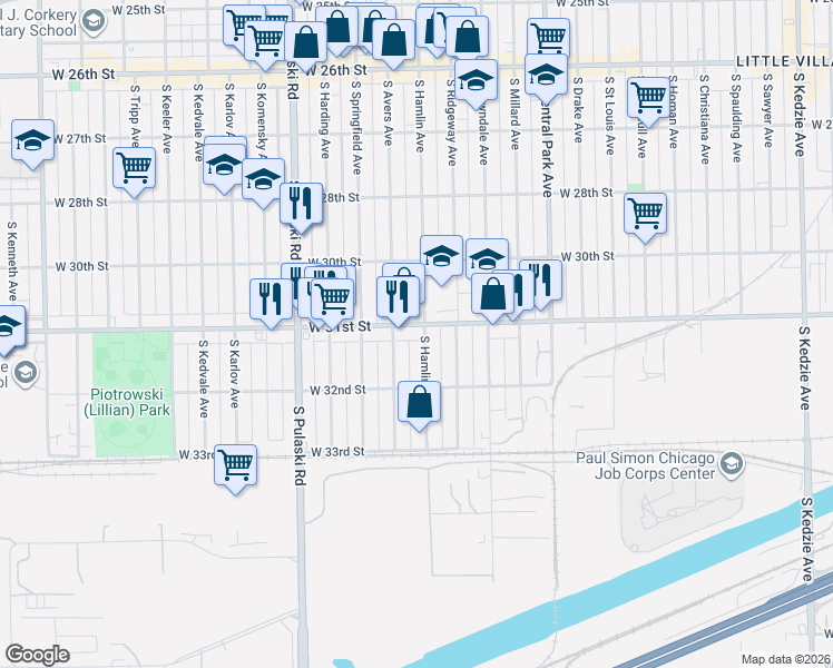 map of restaurants, bars, coffee shops, grocery stores, and more near 3114 South Hamlin Avenue in Chicago