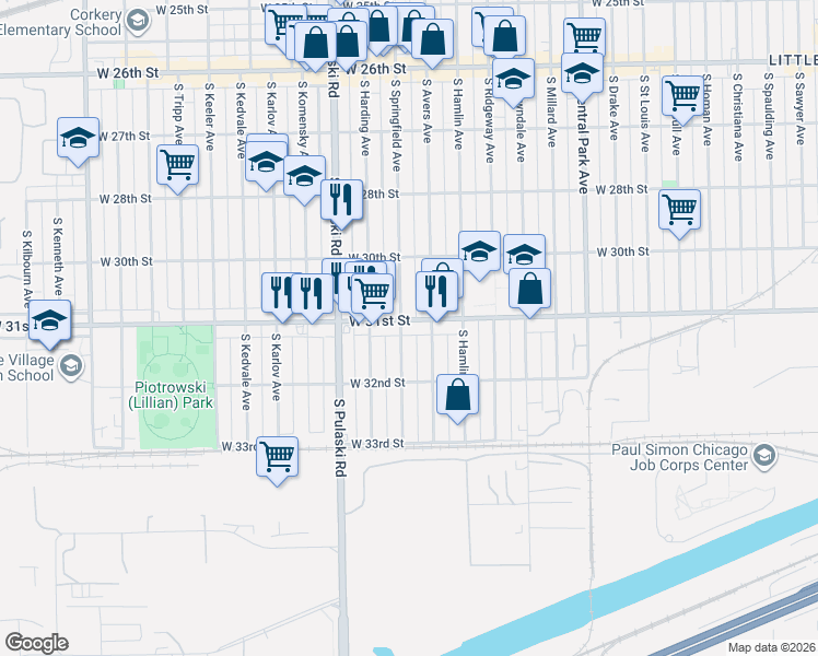 map of restaurants, bars, coffee shops, grocery stores, and more near 3115 South Springfield Avenue in Chicago