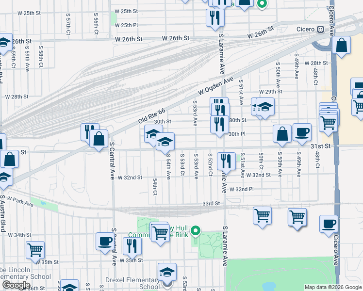 map of restaurants, bars, coffee shops, grocery stores, and more near in Cicero