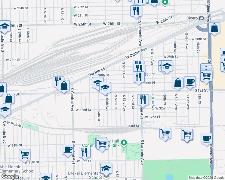map of restaurants, bars, coffee shops, grocery stores, and more near in Cicero