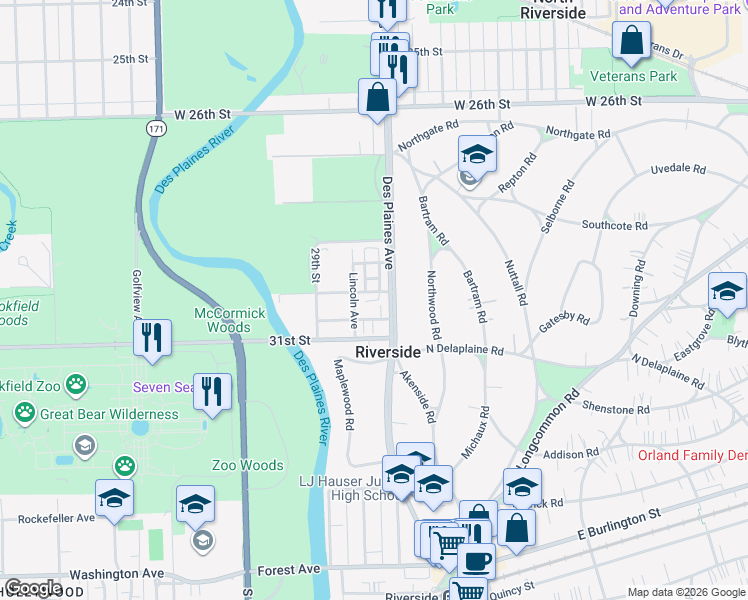 map of restaurants, bars, coffee shops, grocery stores, and more near 8016 Edgewater Road in North Riverside