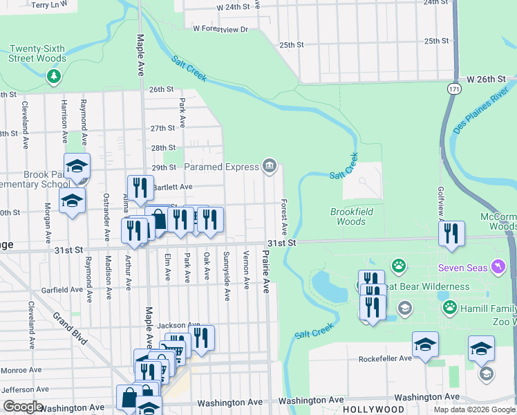 map of restaurants, bars, coffee shops, grocery stores, and more near 3009 Prairie Avenue in Brookfield
