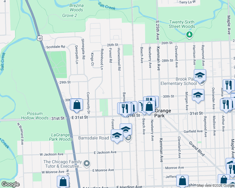 map of restaurants, bars, coffee shops, grocery stores, and more near 1203 Homestead Road in La Grange Park