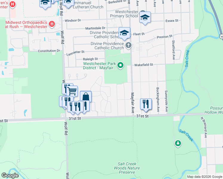 map of restaurants, bars, coffee shops, grocery stores, and more near 2881 Denton Court in Westchester