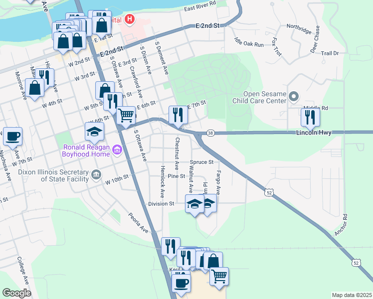 map of restaurants, bars, coffee shops, grocery stores, and more near 914 Chestnut Avenue in Dixon