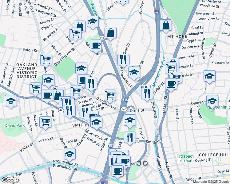 map of restaurants, bars, coffee shops, grocery stores, and more near 206 Chalkstone Avenue in Providence